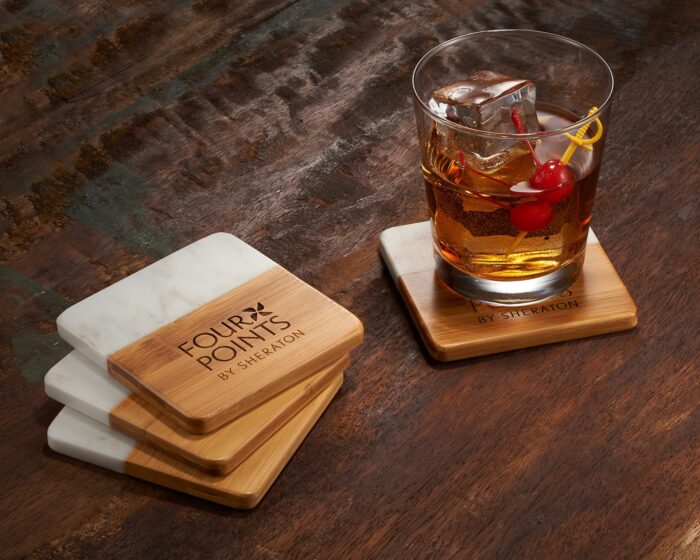 Marble And Bamboo Coaster Set